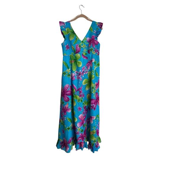 Vintage Sears Hawaiian Blue Green Floral Print Sleeveless Maxi Dress Size 12 - Picture 1 of 8
